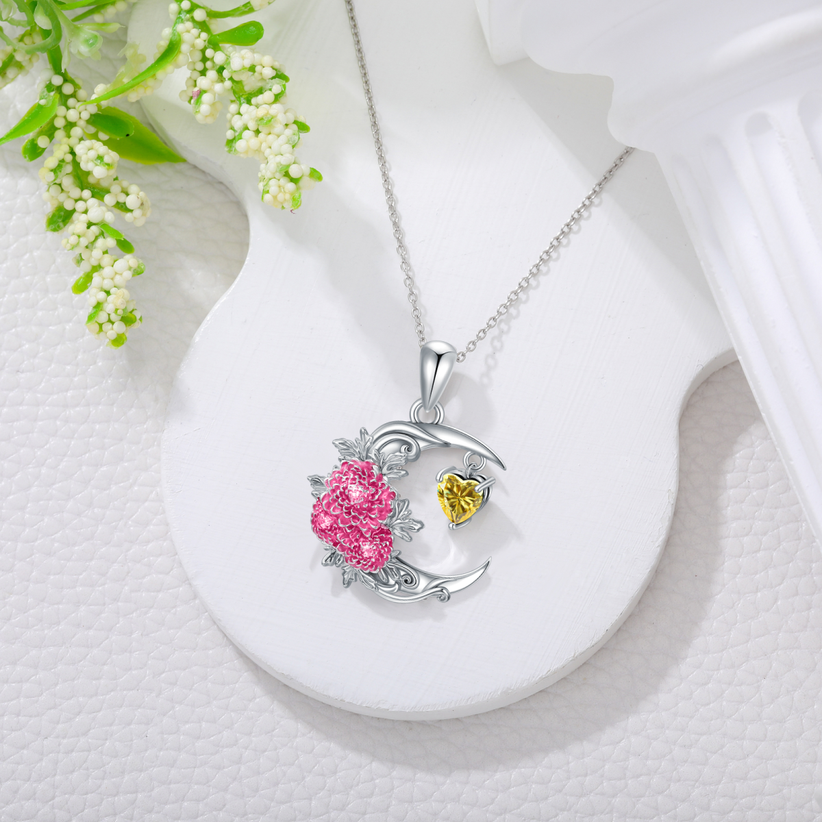 Halskette mit Anhänger „Geburtsblume, Chrysantheme und Mond“ aus Sterlingsilber mit Zirkonia-4