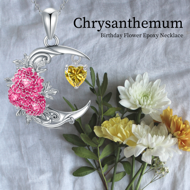 Sterling Silver Cubic Zirconia Birth Flower & Chrysanthemum & Moon Pendant Necklace-6