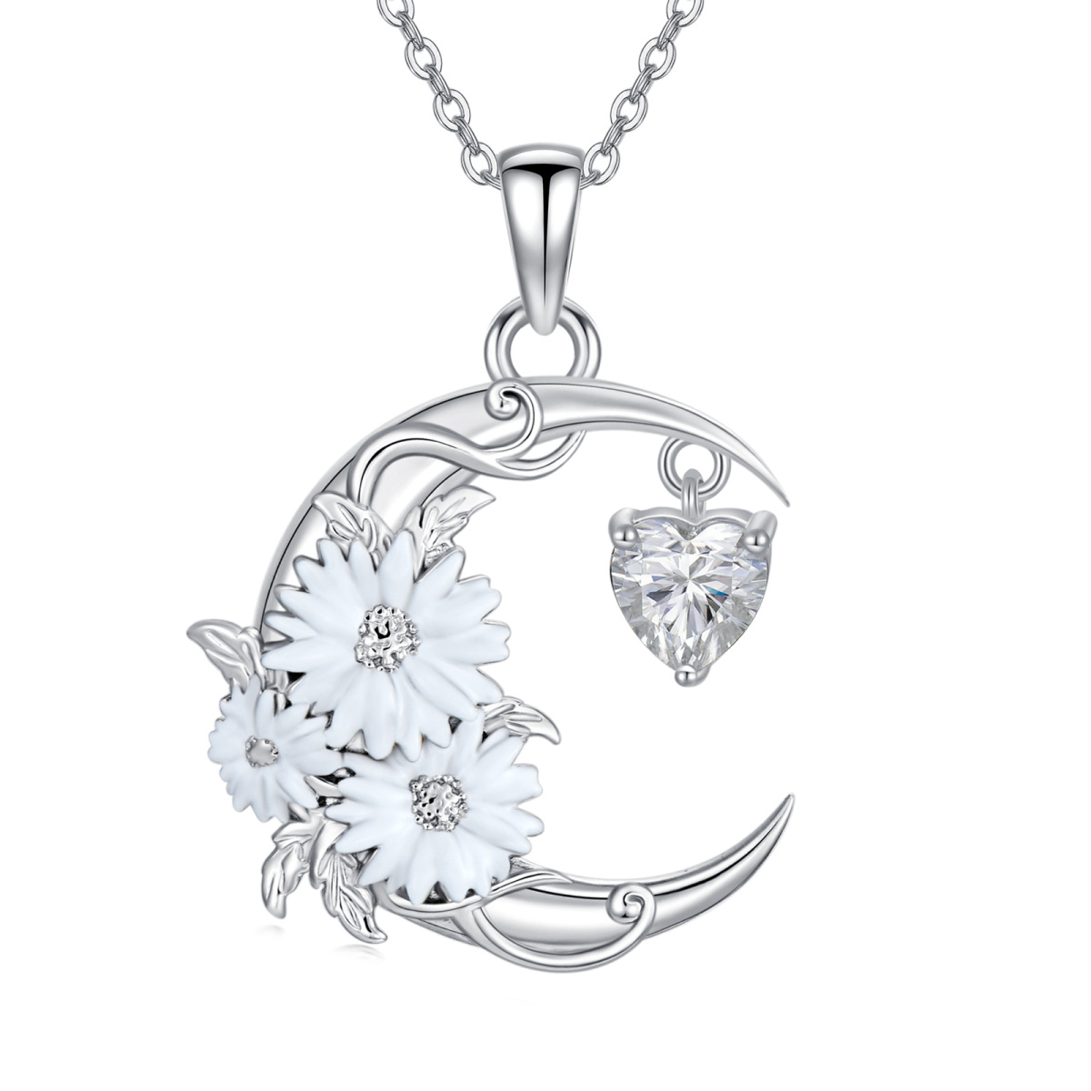 Sterling Silver Cubic Zirconia Birth Flower & Daisy & Moon Pendant Necklace-1