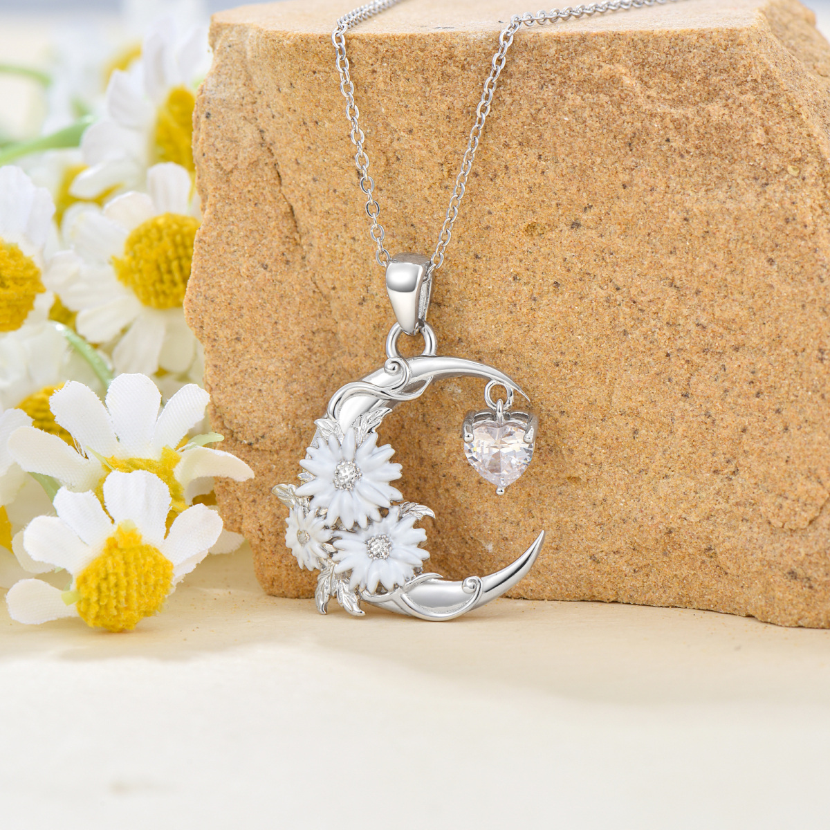 Sterling Silver Cubic Zirconia Birth Flower & Daisy & Moon Pendant Necklace-4