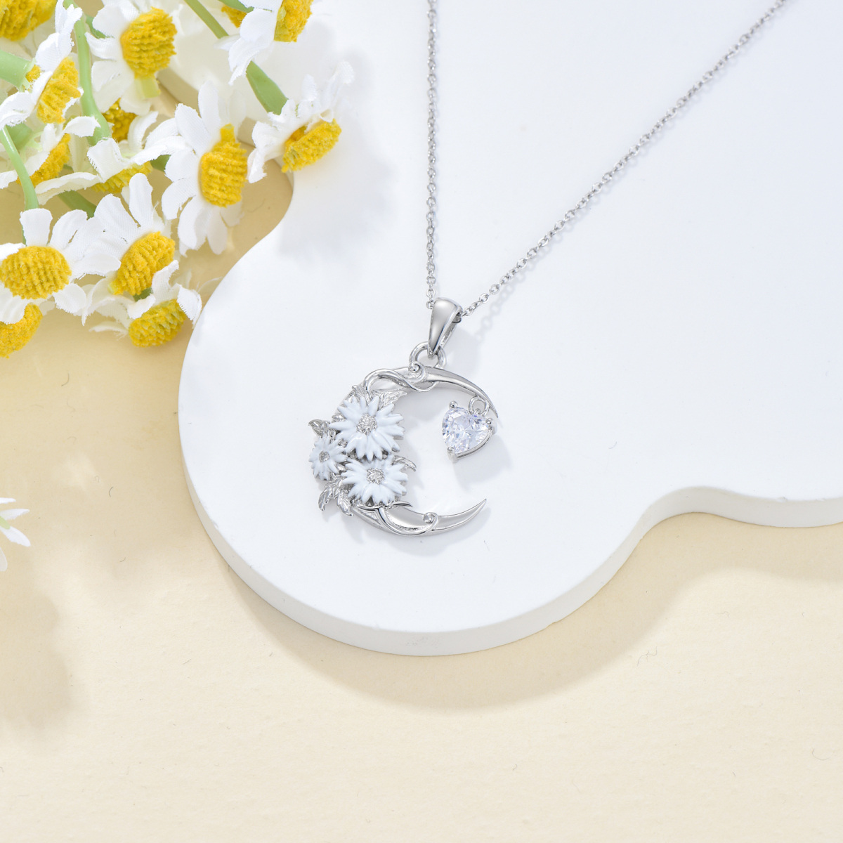 Collier avec pendentif en argent sterling et zircone cubique, fleur de naissance, marguerite et lune-5