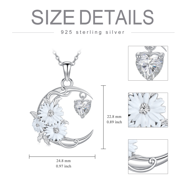 Sterling Silver Cubic Zirconia Birth Flower & Daisy & Moon Pendant Necklace-6