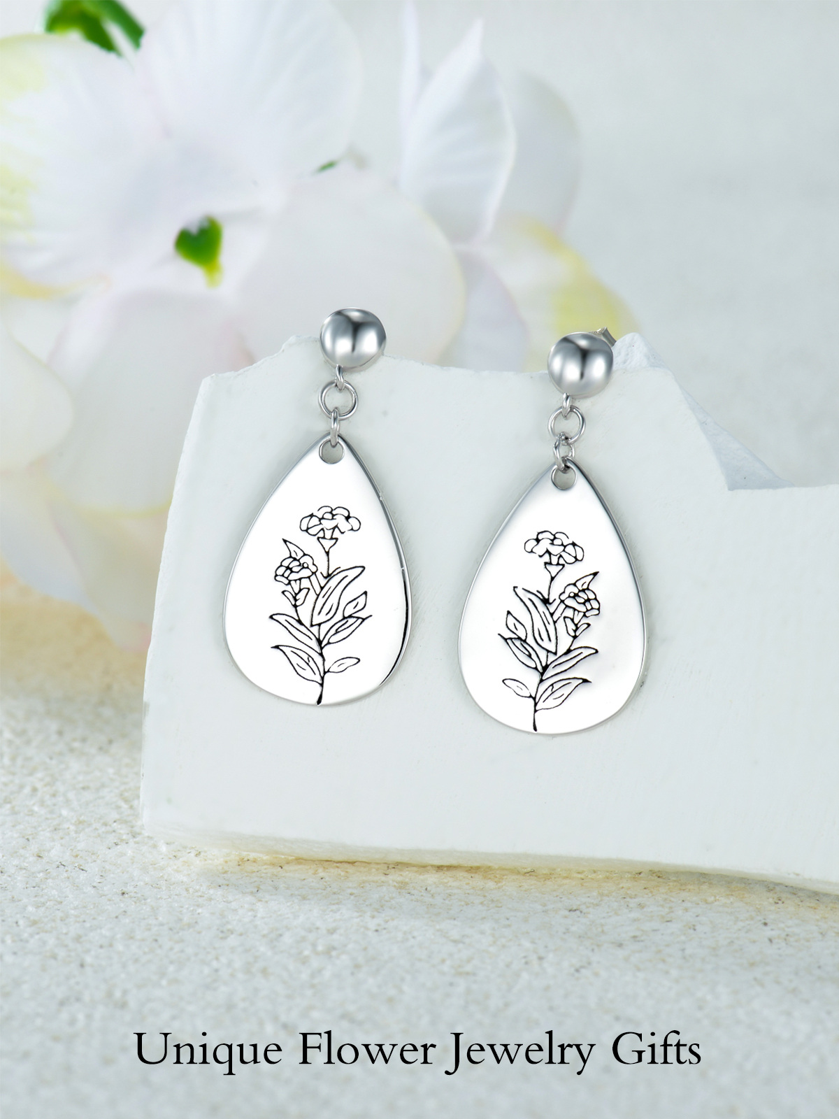 Sterling Silver Birth Flower Drop Earrings-3