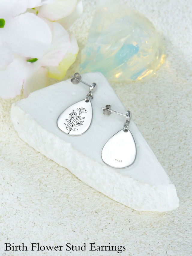 Sterling Silver Birth Flower Drop Earrings-4