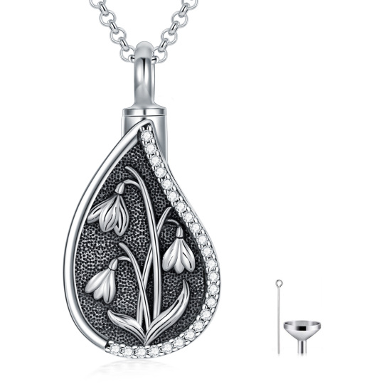 Sterling Silver Cubic Zirconia Birth Flower & Drop Shape Urn Necklace for Ashes