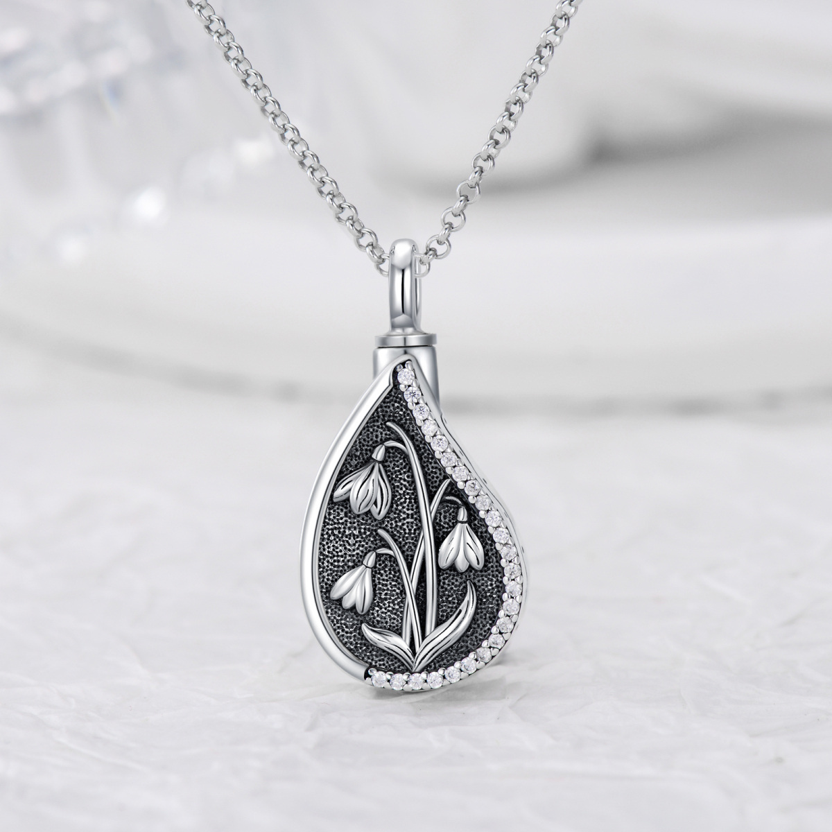 Collier d'urne en forme de goutte de fleur de naissance en argent sterling et oxyde de zirconium pour cendres-3