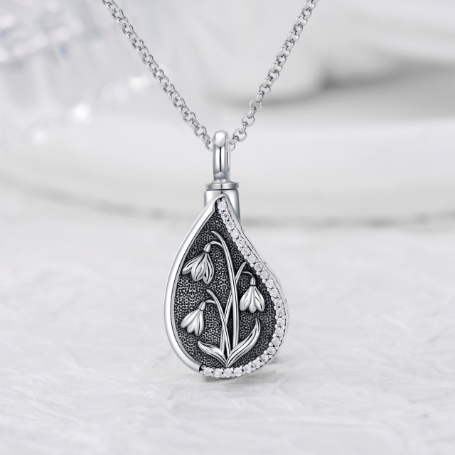 Sterling Silver Cubic Zirconia Birth Flower & Drop Shape Urn Necklace for Ashes-3