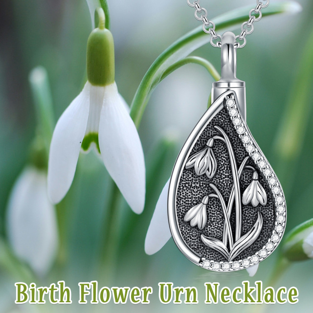 Sterling Silver Cubic Zirconia Birth Flower & Drop Shape Urn Necklace for Ashes-6