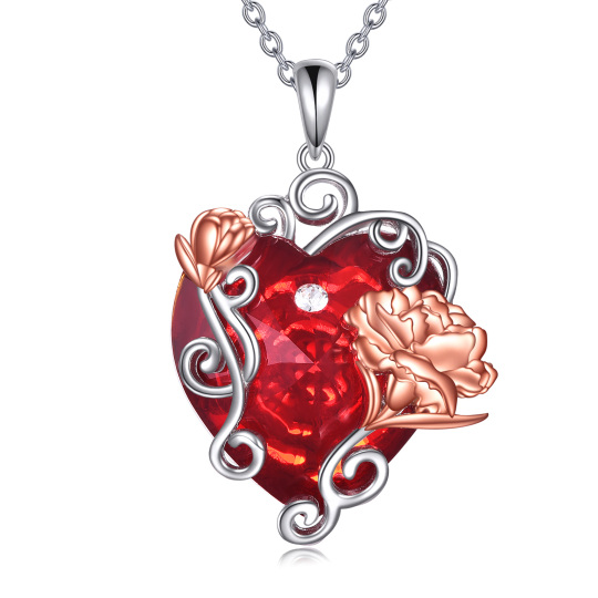 Collana con ciondolo in argento sterling con fiore di nascita e cuore di cristallo