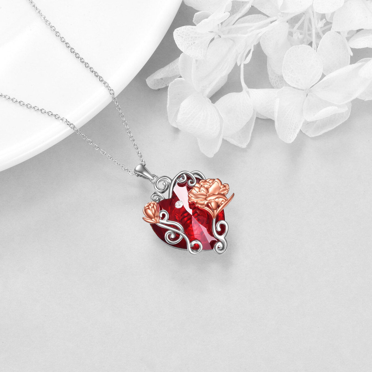 Sterling Silver Birth Flower & Heart Crystal Pendant Necklace-3