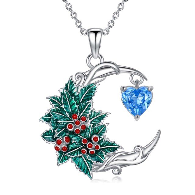 Sterling Silver Cubic Zirconia Birth Flower & Holly & Moon Pendant Necklace-1