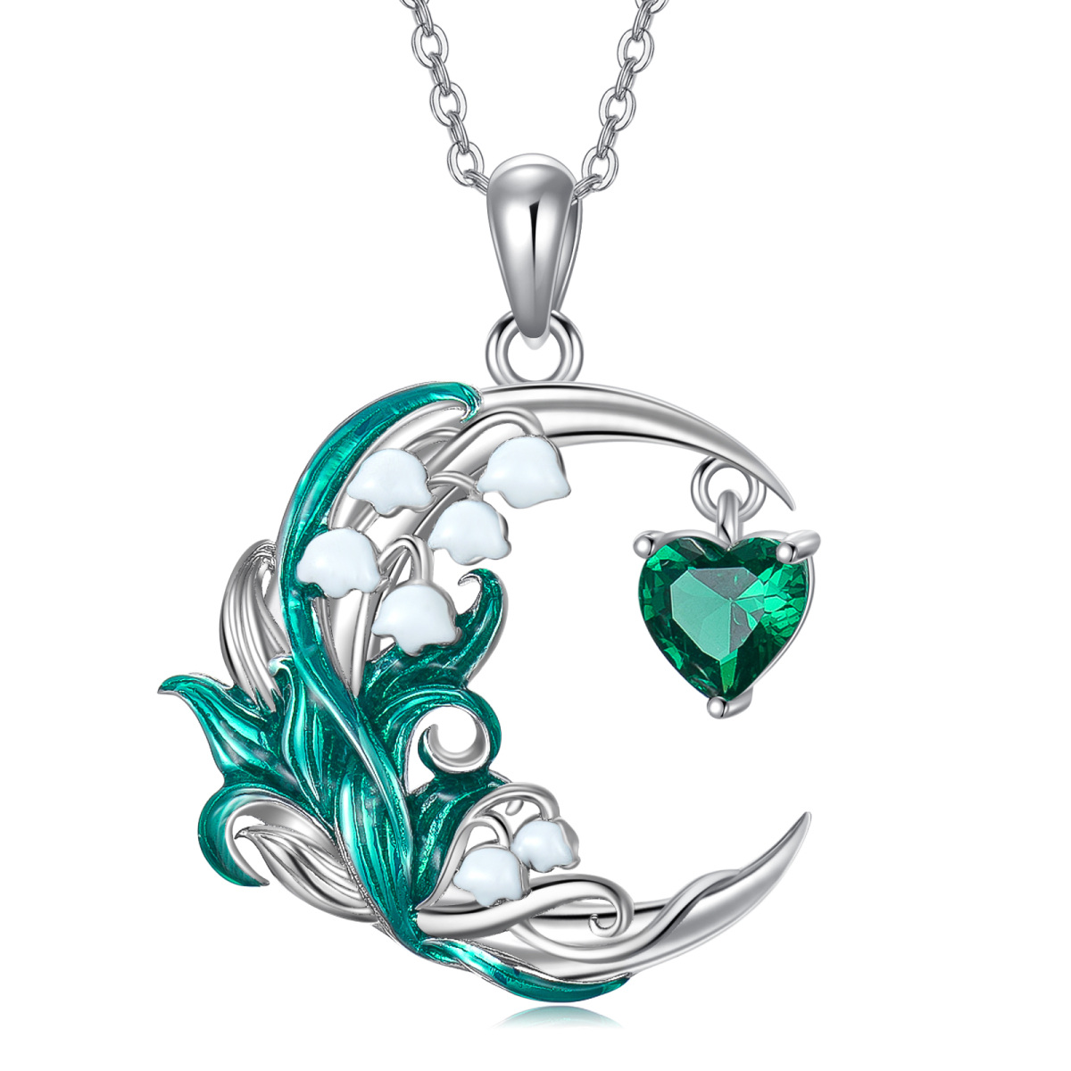 Sterling Silver Cubic Zirconia Birth Flower & Lily Of The Valley & Moon Pendant Necklace-1