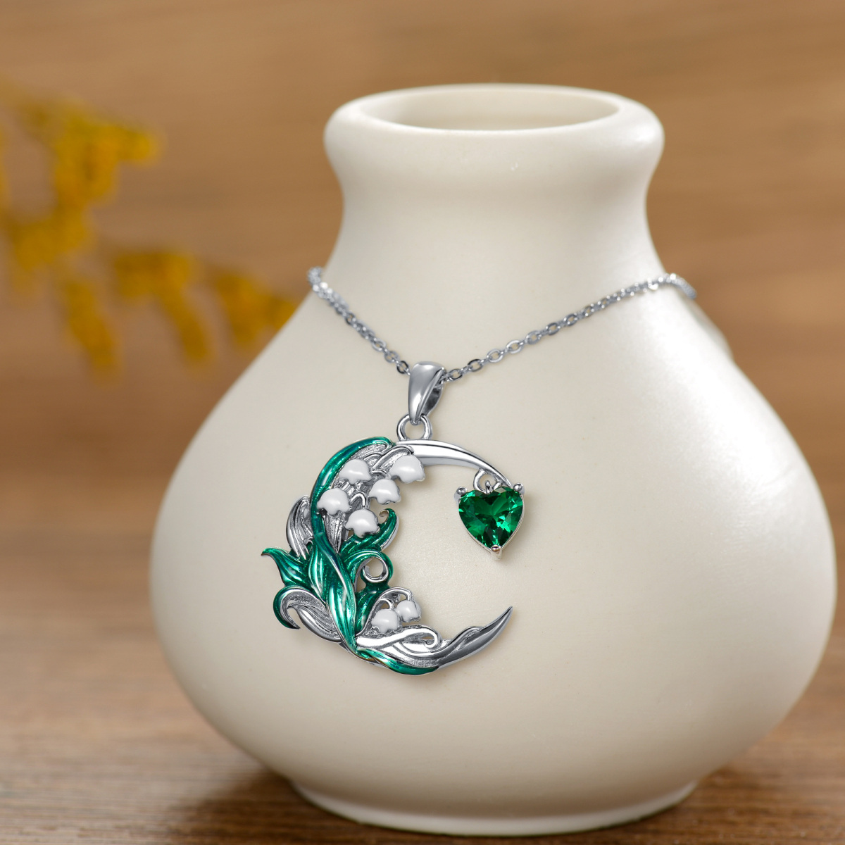 Sterling Silver Cubic Zirconia Birth Flower & Lily Of The Valley & Moon Pendant Necklace-4