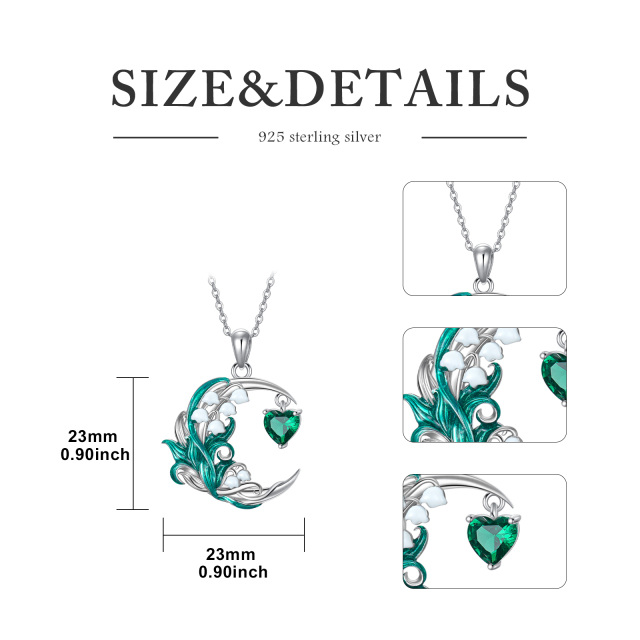 Sterling Silver Cubic Zirconia Birth Flower & Lily Of The Valley & Moon Pendant Necklace-5