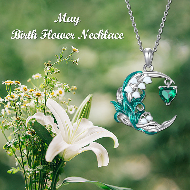 Sterling Silver Cubic Zirconia Birth Flower & Lily Of The Valley & Moon Pendant Necklace-6