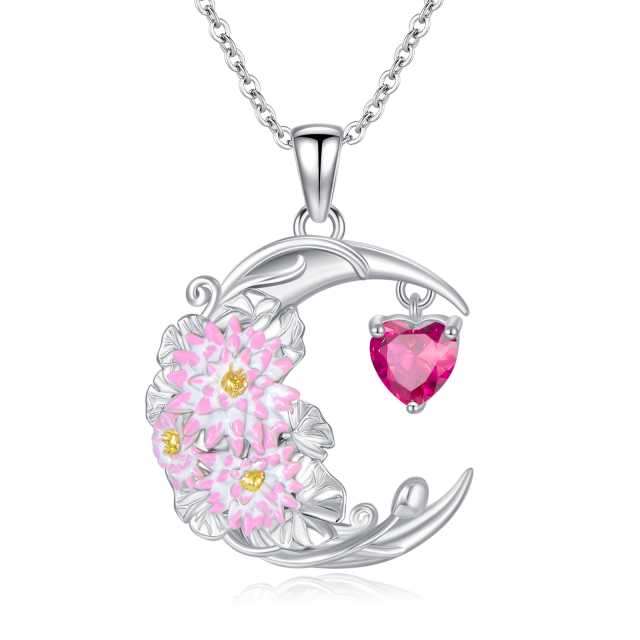 Sterling Silver Cubic Zirconia Birth Flower & Lotus & Moon Pendant Necklace-1