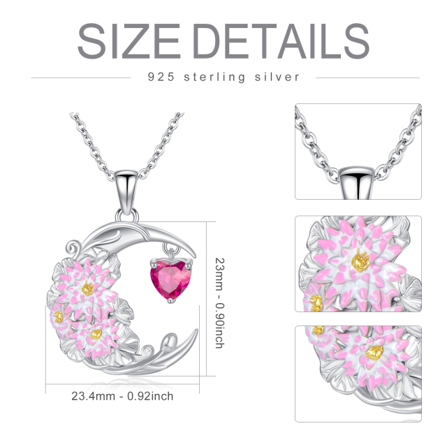 Sterling Silver Cubic Zirconia Birth Flower & Lotus & Moon Pendant Necklace-4