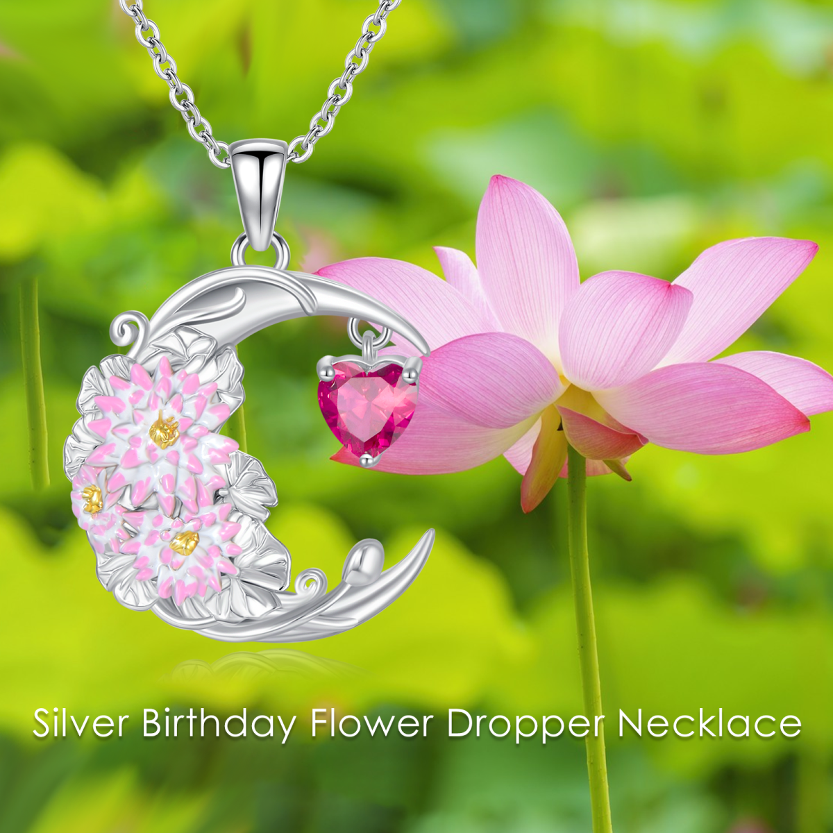 Halskette mit Anhänger Geburtsblume, Lotus und Mond aus Sterlingsilber mit Zirkonia-6