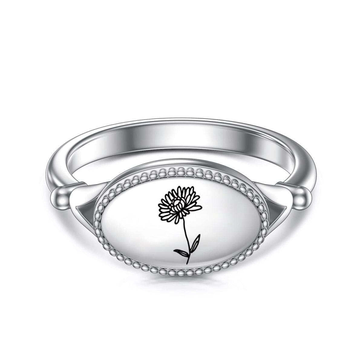 Sterling Silver Birth Flower & Oval Shaped Signet Ring-1