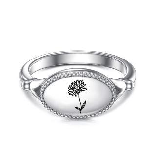 Sterling Silver Birth Flower & Oval Shaped Signet Ring-27