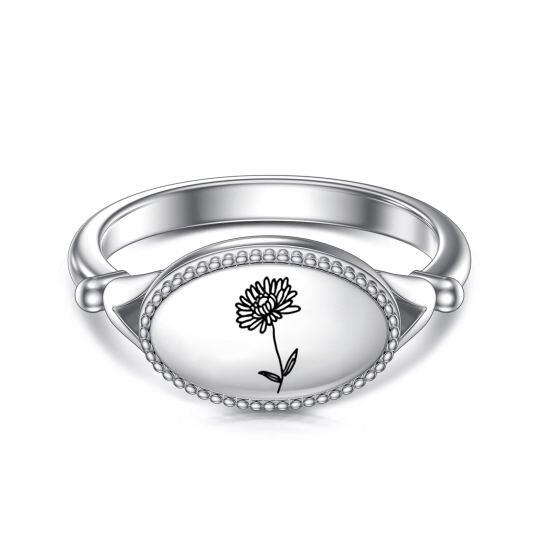 Bague chevalière en argent sterling avec fleur de naissance et forme ovale