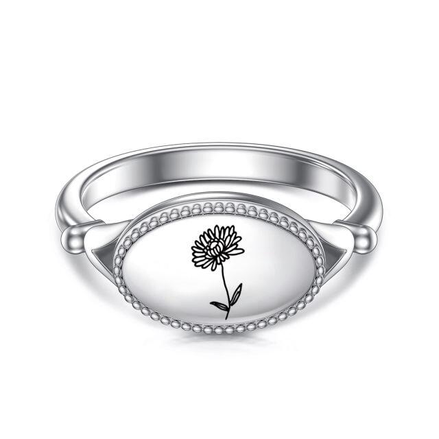 Sterling Silver Birth Flower & Oval Shaped Signet Ring-5