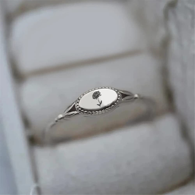 Sterling Silver Birth Flower & Oval Shaped Signet Ring-2