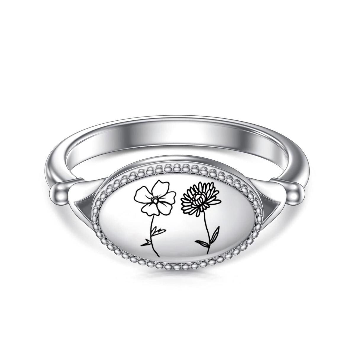 Bague chevalière en argent sterling avec fleur de naissance et forme ovale-1