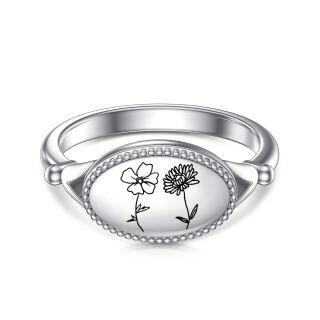 Sterling Silver Birth Flower & Oval Shaped Signet Ring-30