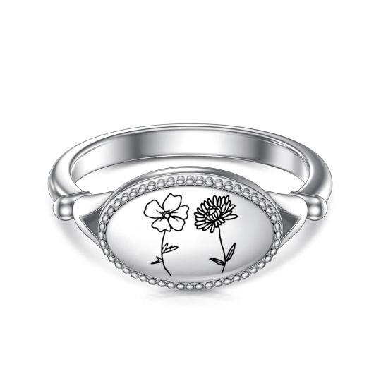 Bague chevalière en argent sterling avec fleur de naissance et forme ovale