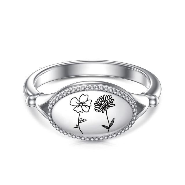 Sterling Silver Birth Flower & Oval Shaped Signet Ring-5