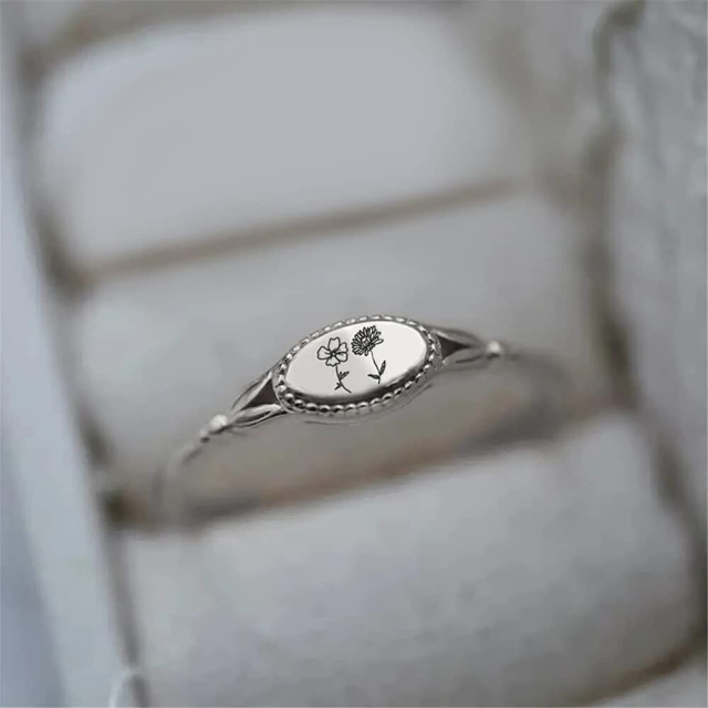 Bague chevalière en argent sterling avec fleur de naissance et forme ovale-2