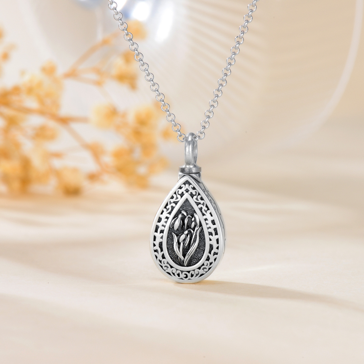 Sterling Silver Birth Flower & Oval Shaped Urn Necklace for Ashes-5