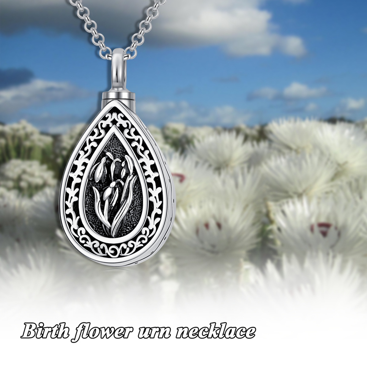 Sterling Silver Birth Flower & Oval Shaped Urn Necklace for Ashes-6