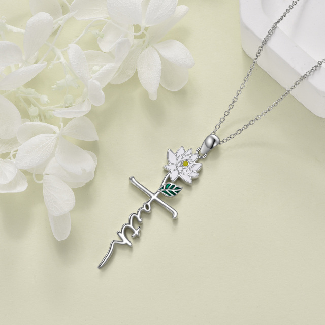 Sterling Silver Birth Flower Pendant Necklace with Engraved Word-3