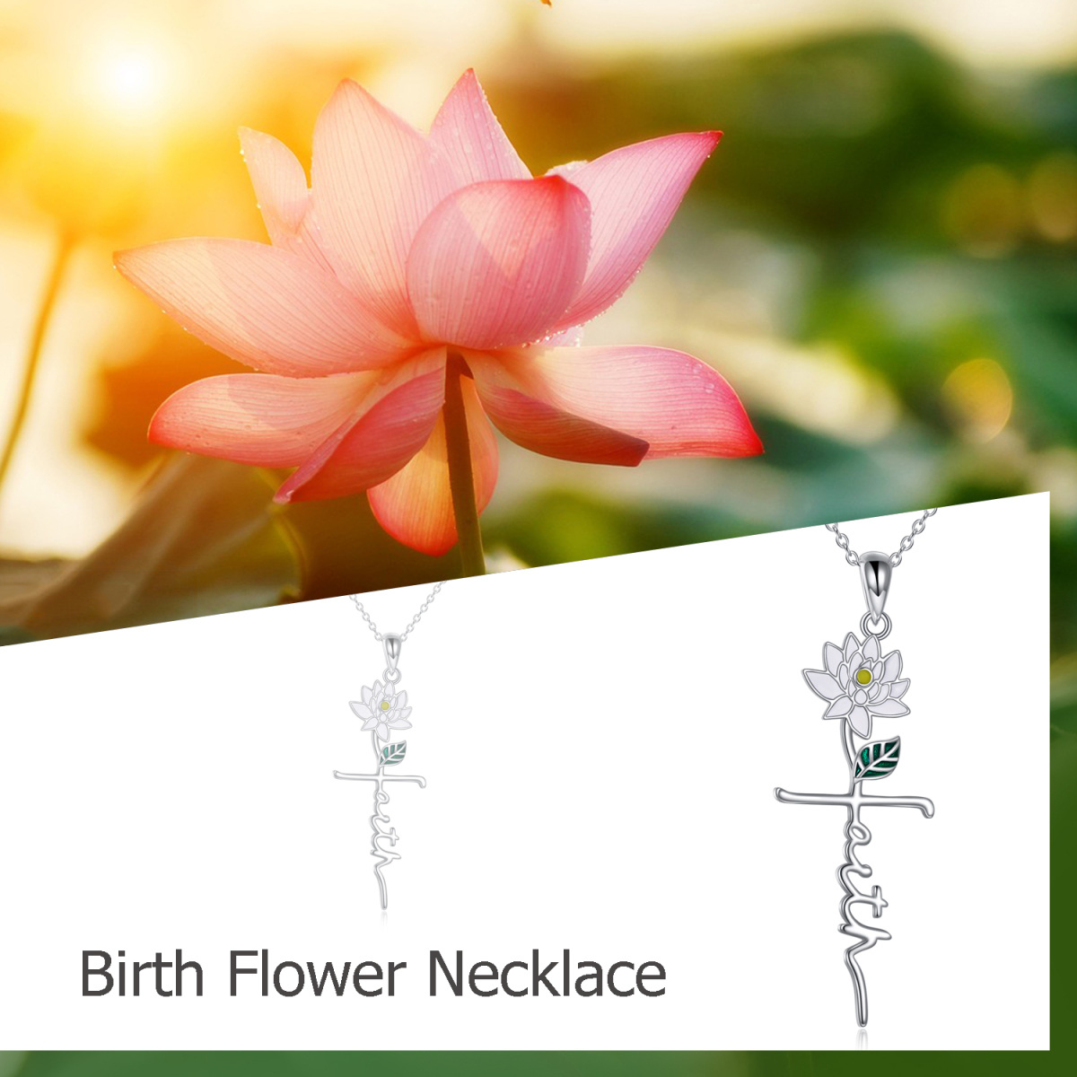 Sterling Silver Birth Flower Pendant Necklace with Engraved Word-6