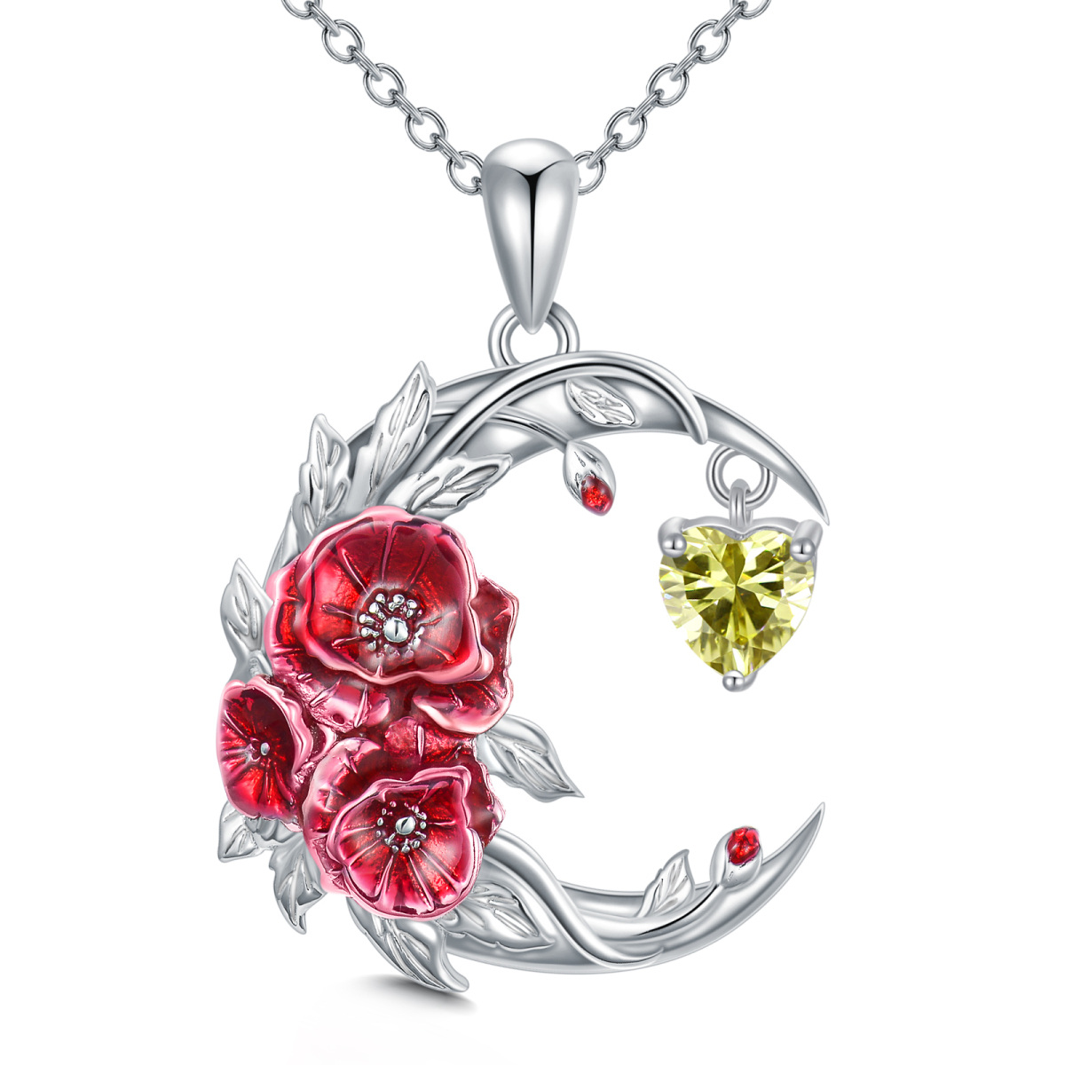 Sterling Silver Cubic Zirconia Birth Flower & Poppy & Moon Pendant Necklace-1