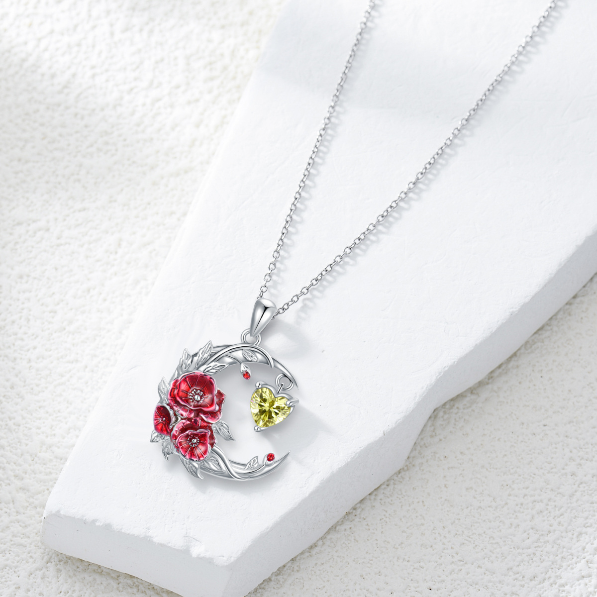 Sterling Silver Cubic Zirconia Birth Flower & Poppy & Moon Pendant Necklace-3