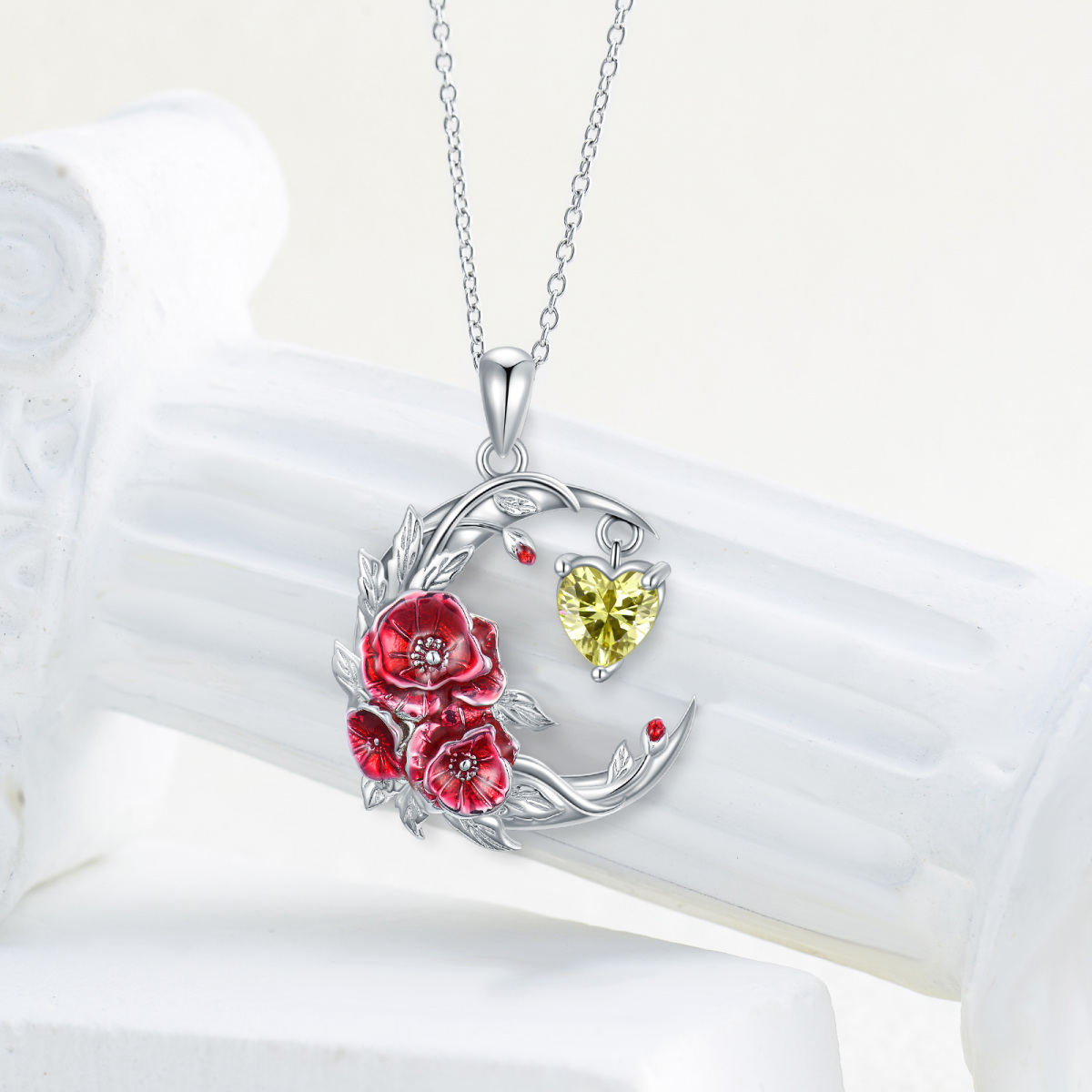 Collier avec pendentif en argent sterling et zircone cubique, fleur de naissance, coquelicot, lune-4