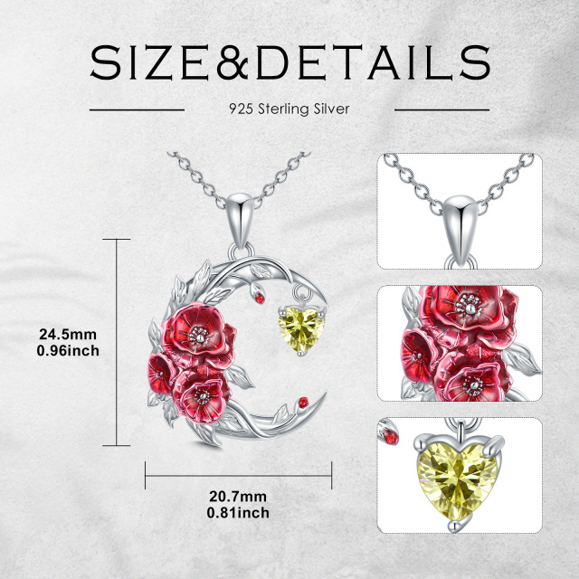 Sterling Silver Cubic Zirconia Birth Flower & Poppy & Moon Pendant Necklace-5