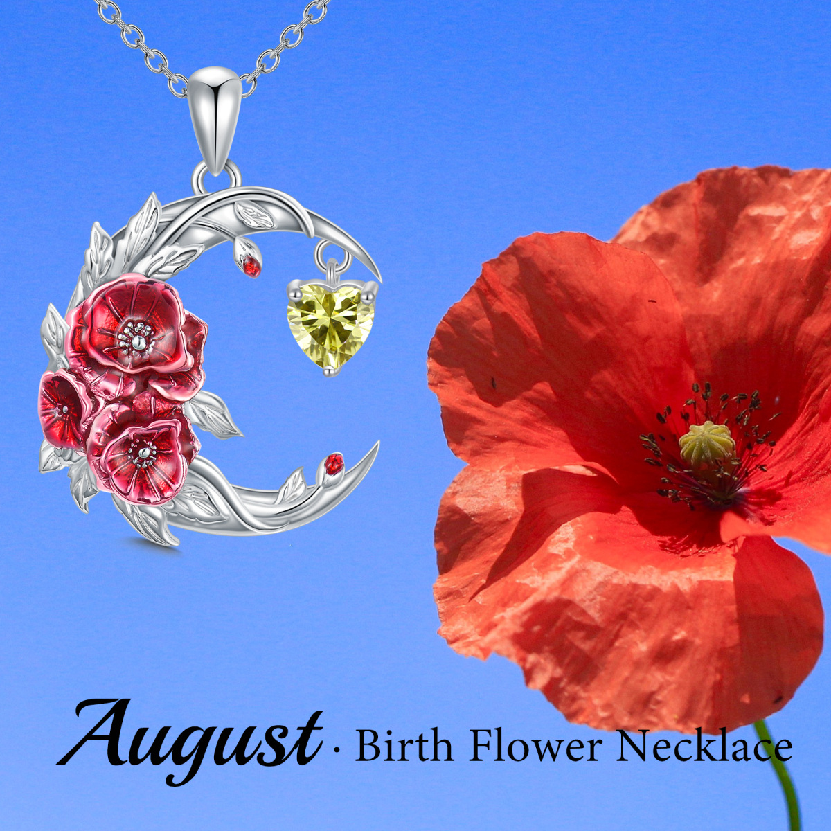 Collier avec pendentif en argent sterling et zircone cubique, fleur de naissance, coquelicot, lune-6