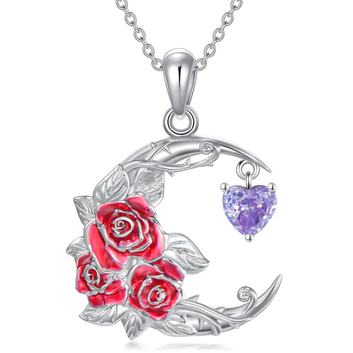 Sterling Silver Cubic Zirconia Birth Flower & Rose & Moon Pendant Necklace-1