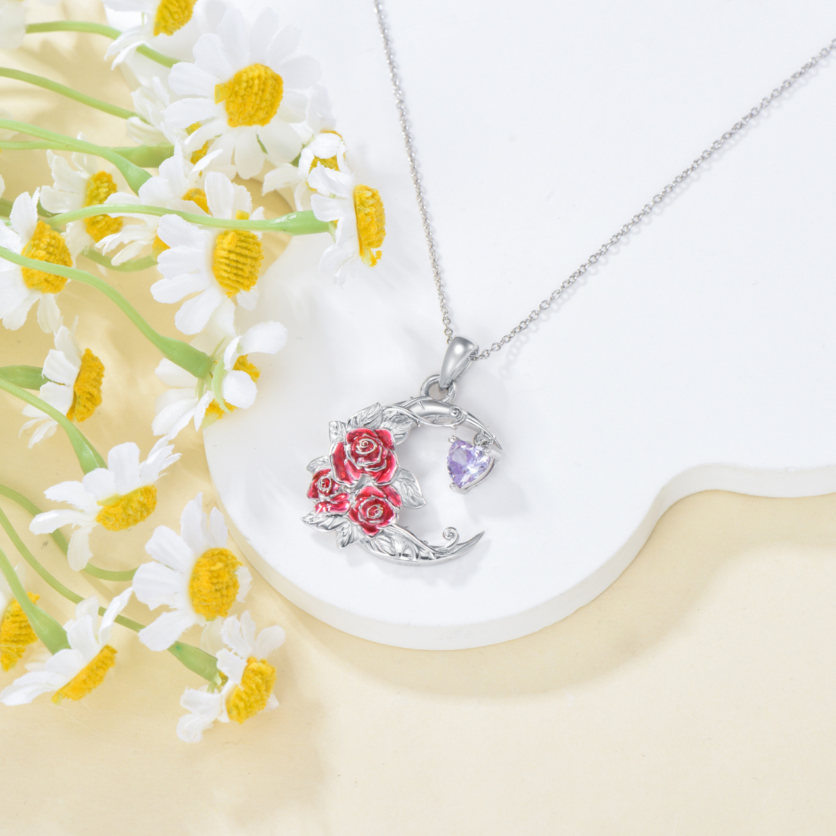 Collier avec pendentif en argent sterling et zircone cubique, fleur de naissance, rose, lune-4