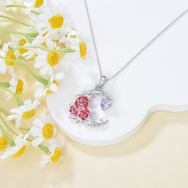 Halskette mit Anhänger „Geburtsblume, Rose, Mond“ aus Sterlingsilber mit Zirkonia-4