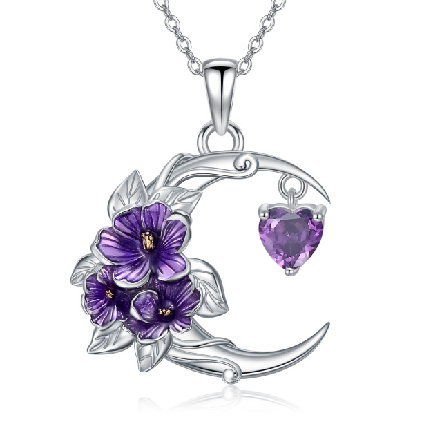 Sterling Silver Cubic Zirconia Birth Flower & Violet & Moon Pendant Necklace-1