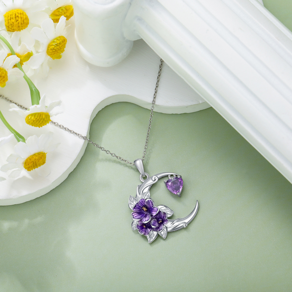 Collar con colgante de luna violeta y flor de nacimiento con circonita cúbica de plata de ley-3