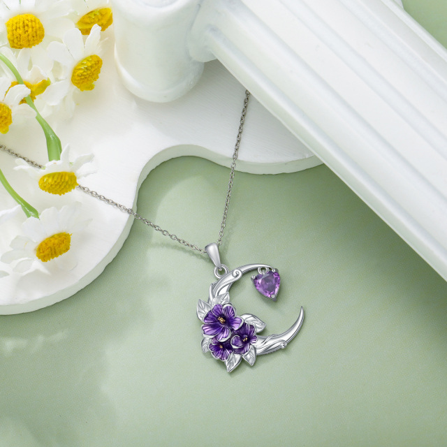 Sterling Silver Cubic Zirconia Birth Flower & Violet & Moon Pendant Necklace-3