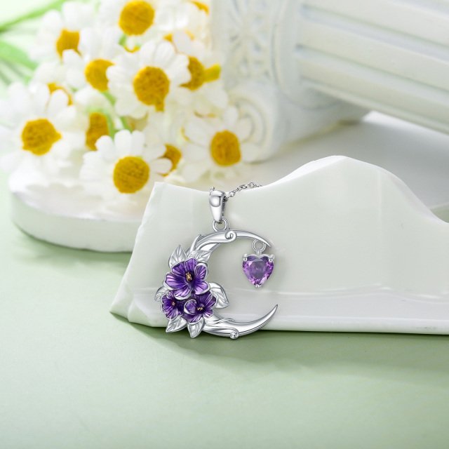 Sterling Silver Cubic Zirconia Birth Flower & Violet & Moon Pendant Necklace-4