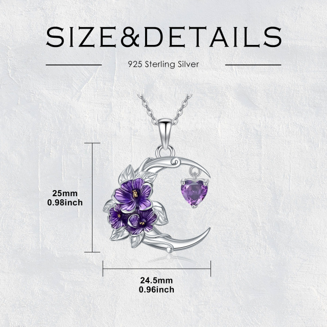 Sterling Silver Cubic Zirconia Birth Flower & Violet & Moon Pendant Necklace-5