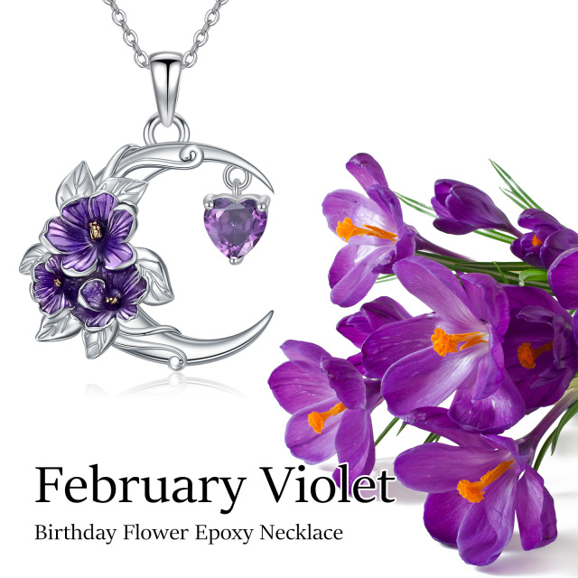 Sterling Silver Cubic Zirconia Birth Flower & Violet & Moon Pendant Necklace-6